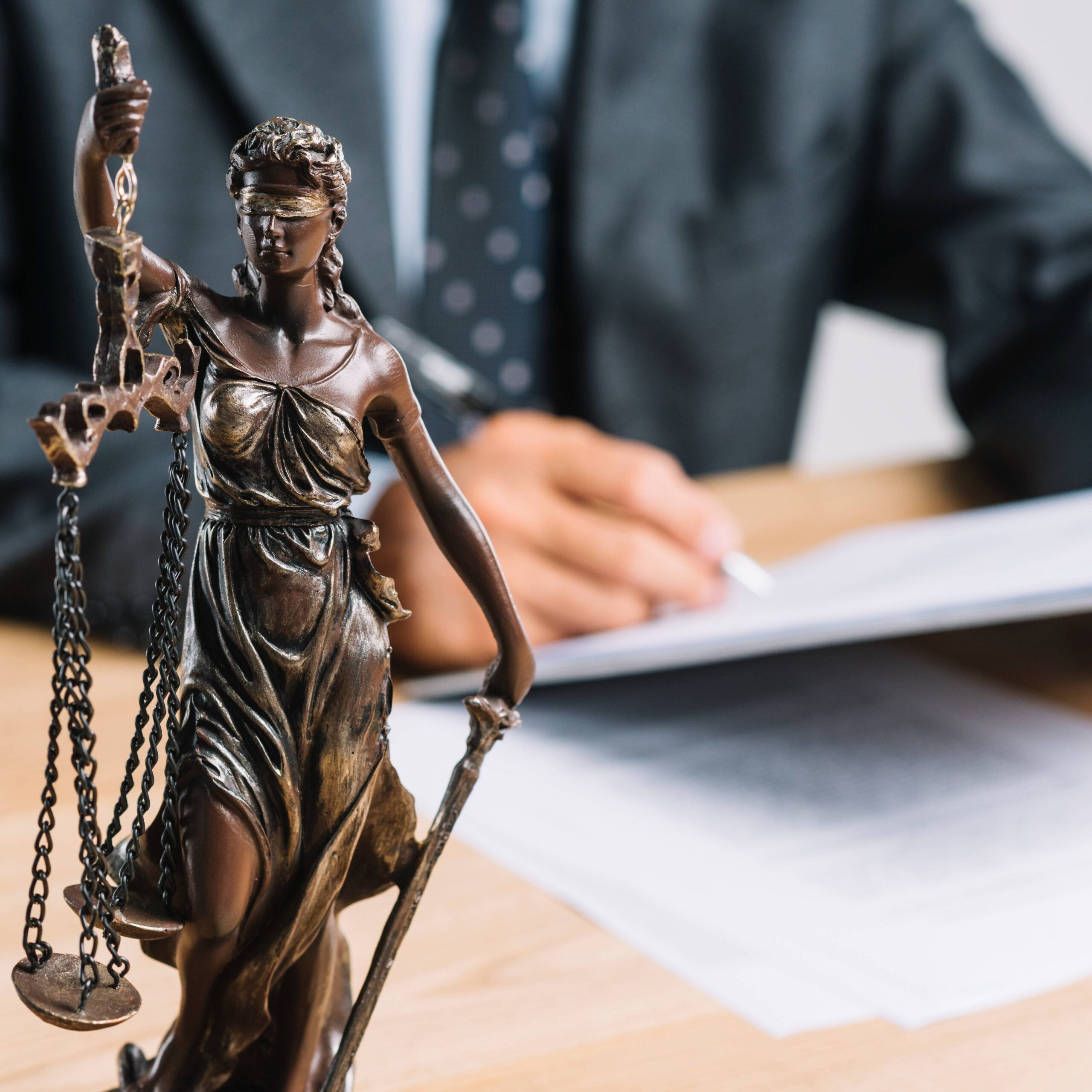 close up themis lady justice holding scale front lawyer working desk min